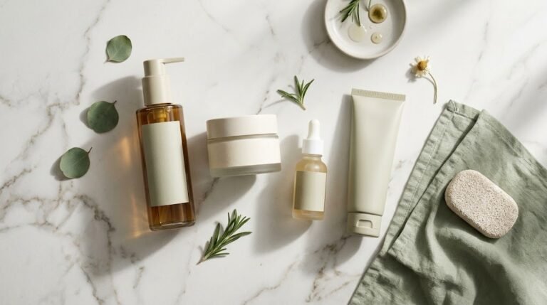 Skincare bottles and jars arranged for choosing products by skin type