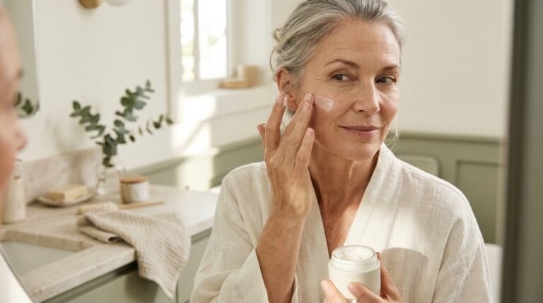 Woman applying moisturiser as part of a mature skin routine